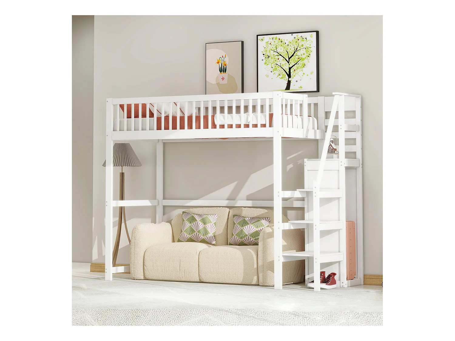 Lit mezzanine 90x200cm avec échelle, lit en bois blanc avec étagère de rangement, armoire simple (245x95x179.7 cm)