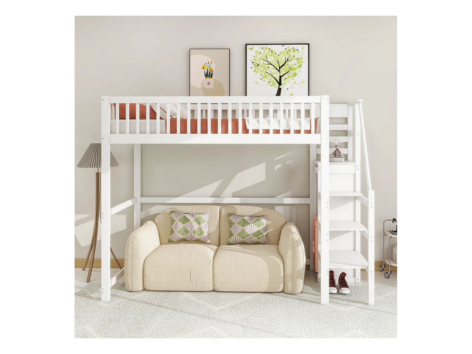 Lit mezzanine 90x200cm avec échelle, lit en bois blanc avec étagère de rangement, armoire simple (245x95x179.7 cm)