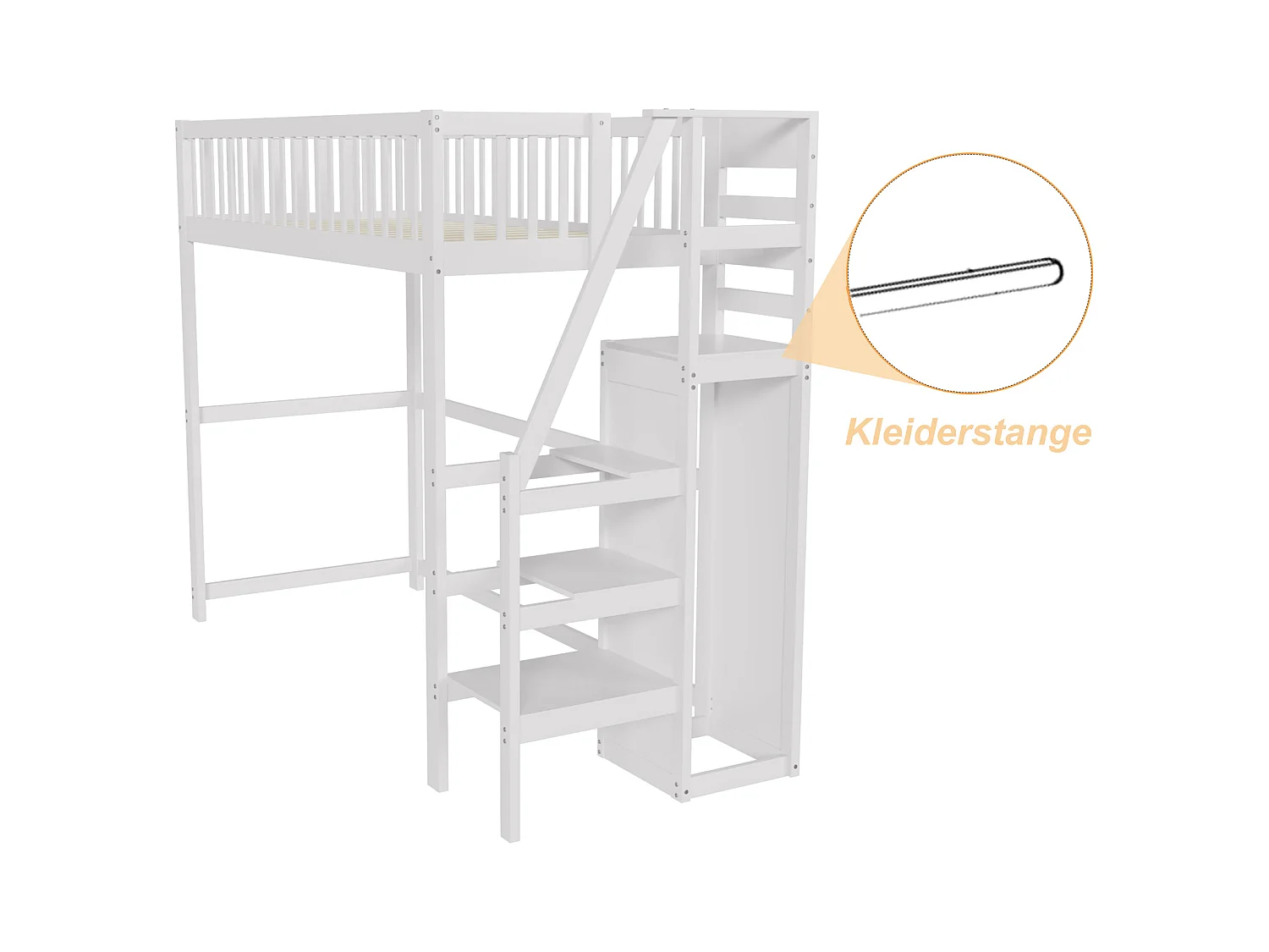 Lit mezzanine 90x200cm avec échelle, lit en bois blanc avec étagère de rangement, armoire simple (245x95x179.7 cm)