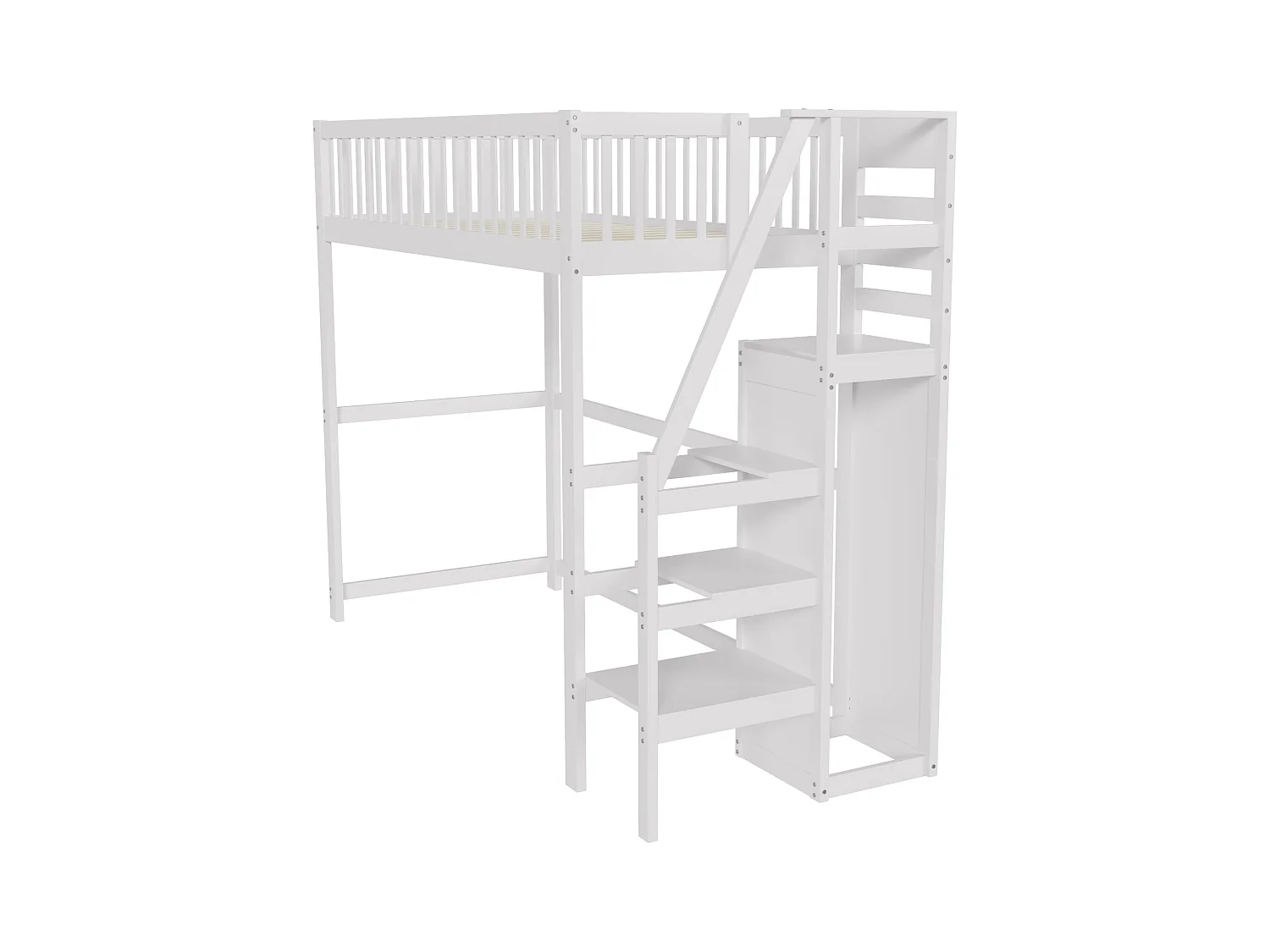 Lit mezzanine 90x200cm avec échelle, lit en bois blanc avec étagère de rangement, armoire simple (245x95x179.7 cm)