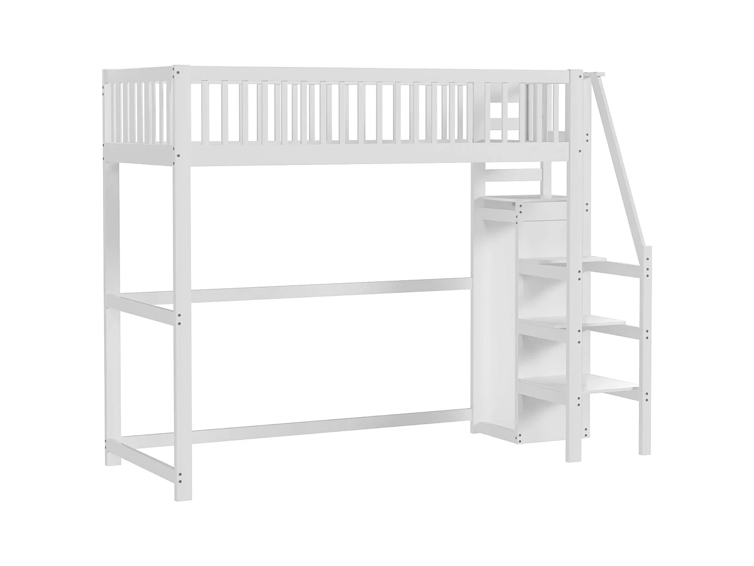 Lit mezzanine 90x200cm avec échelle, lit en bois blanc avec étagère de rangement, armoire simple (245x95x179.7 cm)