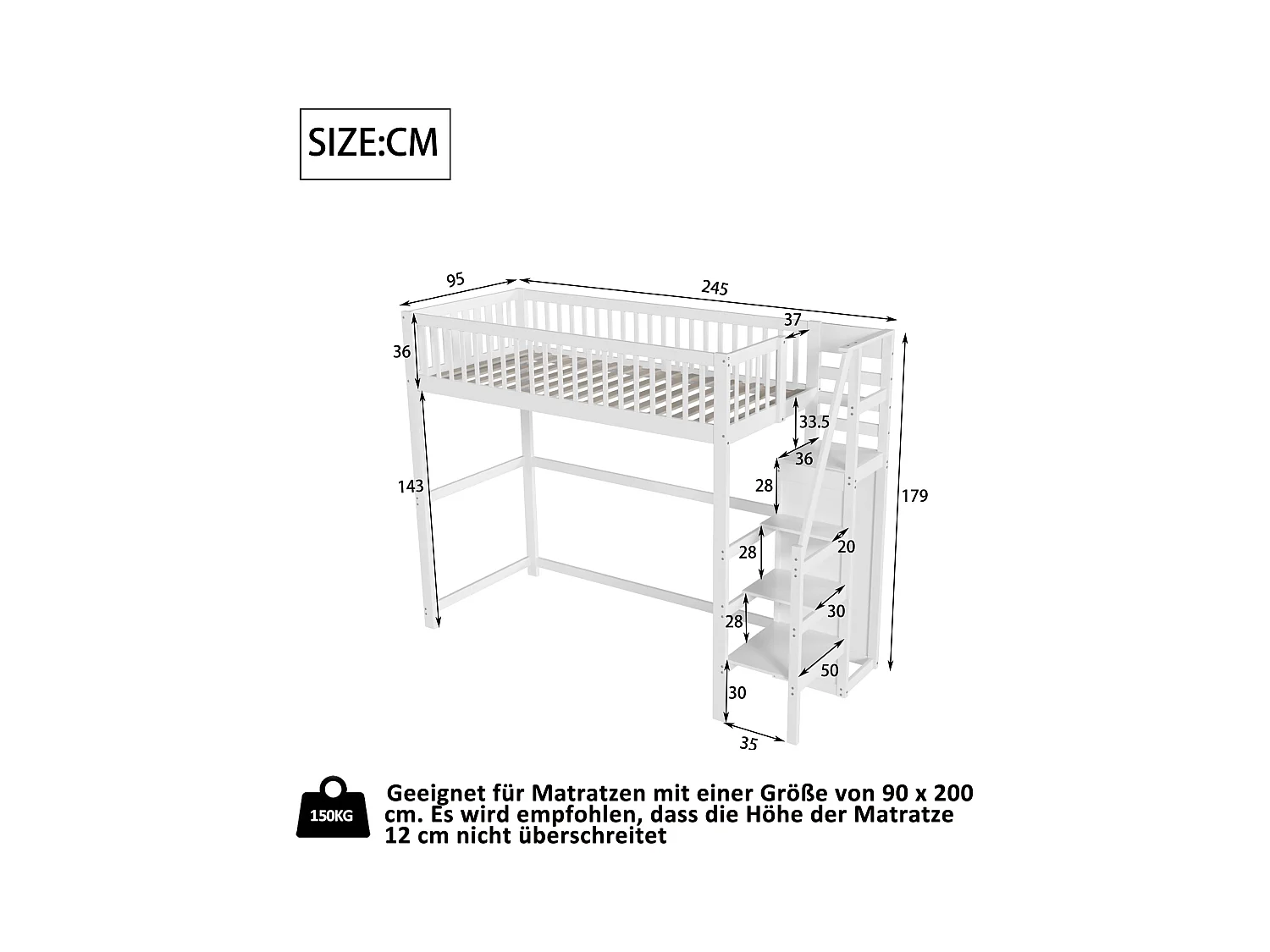 Lit mezzanine 90x200cm avec échelle, lit en bois blanc avec étagère de rangement, armoire simple (245x95x179.7 cm)