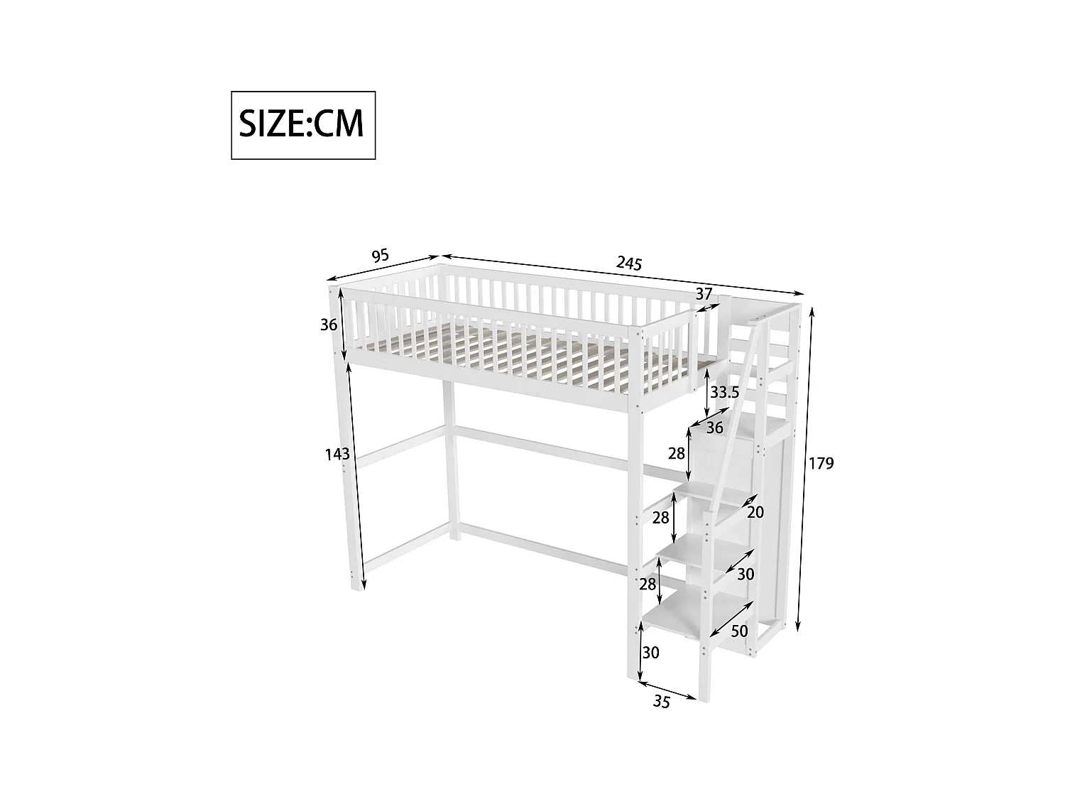 Lit mezzanine 90x200cm avec échelle, lit en bois blanc avec étagère de rangement, armoire simple (245x95x179.7 cm)