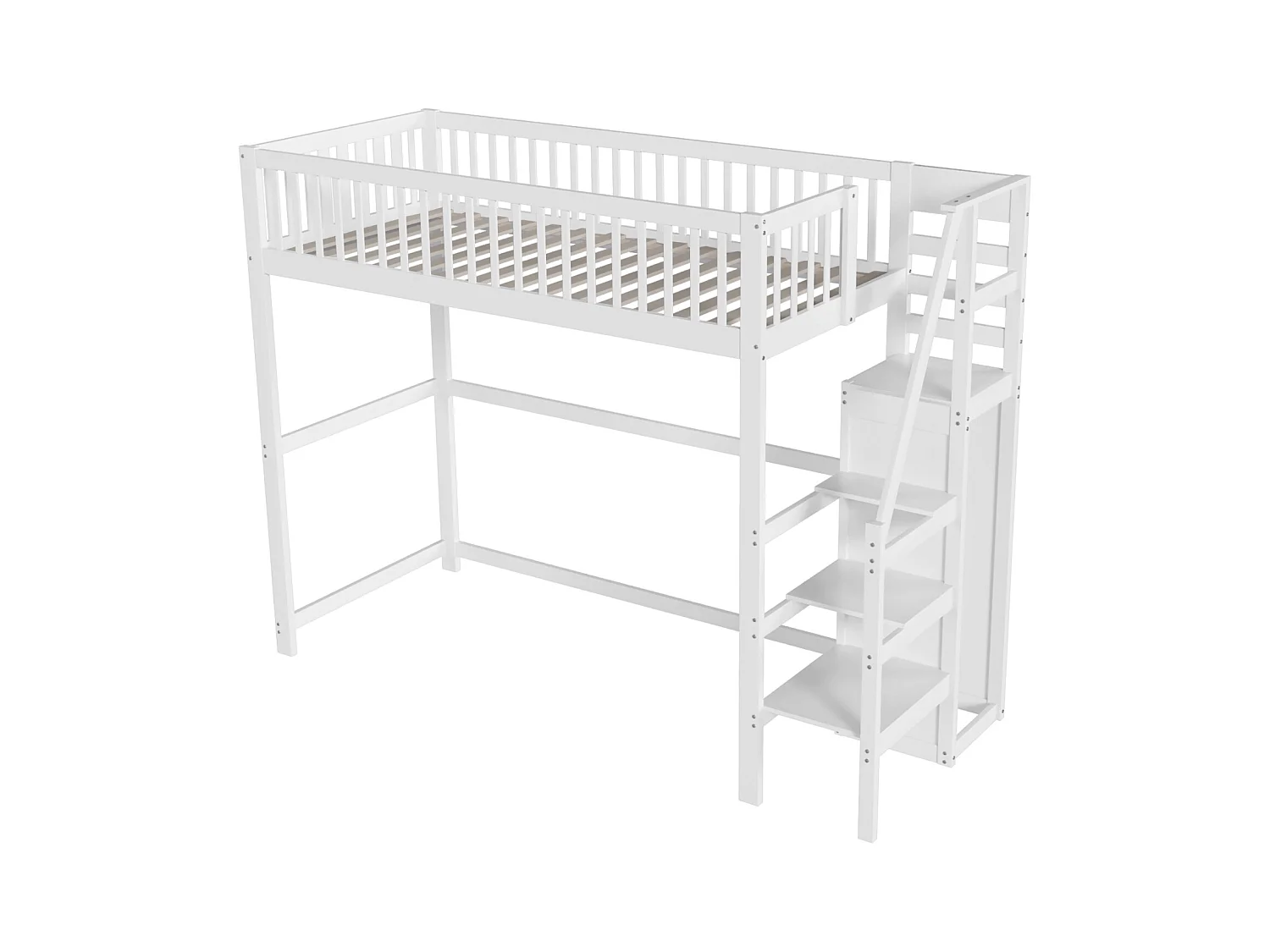 Lit mezzanine 90x200cm avec échelle, lit en bois blanc avec étagère de rangement, armoire simple (245x95x179.7 cm)