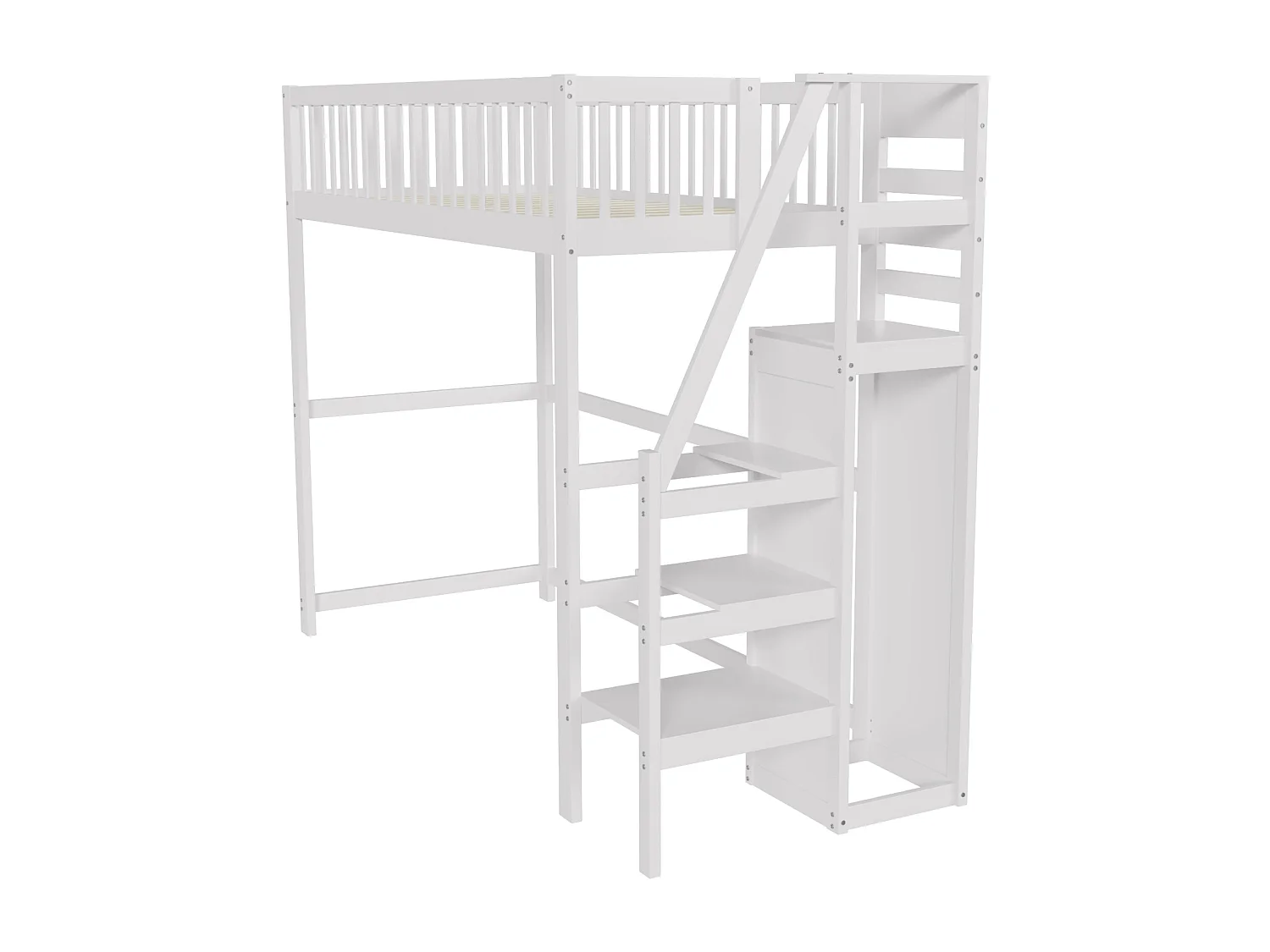 Hoogslaper 90x200cm met ladder, wit houten bed met opbergplank, eenpersoons kledingkast (245x95x179,7 cm)