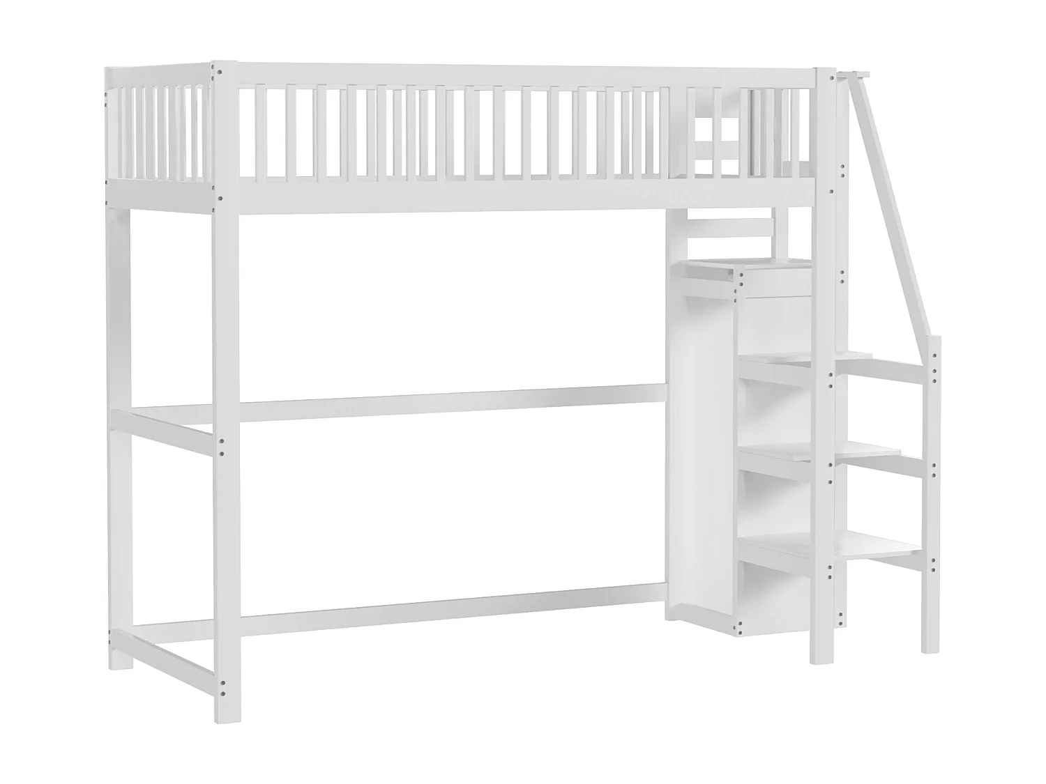 Hoogslaper 90x200cm met ladder, wit houten bed met opbergplank, eenpersoons kledingkast (245x95x179,7 cm)