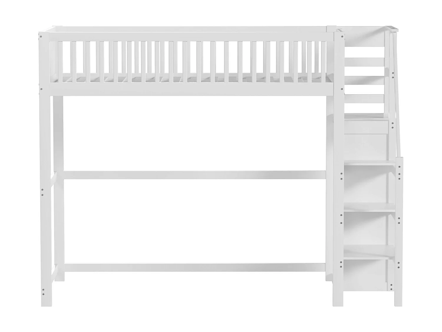 Hoogslaper 90x200cm met ladder, wit houten bed met opbergplank, eenpersoons kledingkast (245x95x179,7 cm)