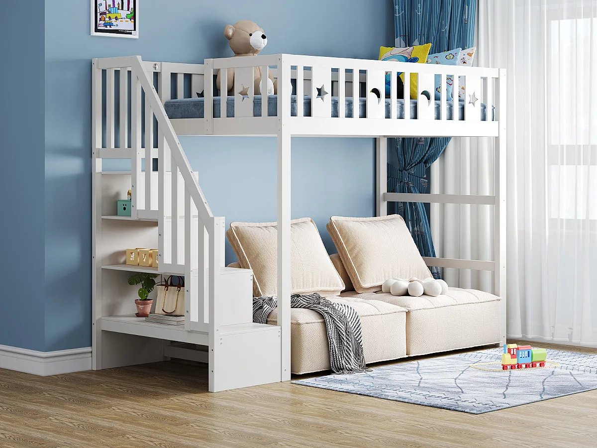 Hoogslaper met massief houten ladder 140x200 cm, met bureau, planken en opbergruimte (205x148,2x165 cm)