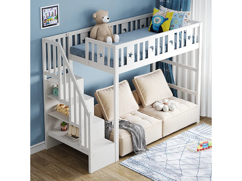 Lit mezzanine avec échelle en bois massif 140x200 cm, avec bureau, étagères et espace de rangement (205x148.2x165 cm)