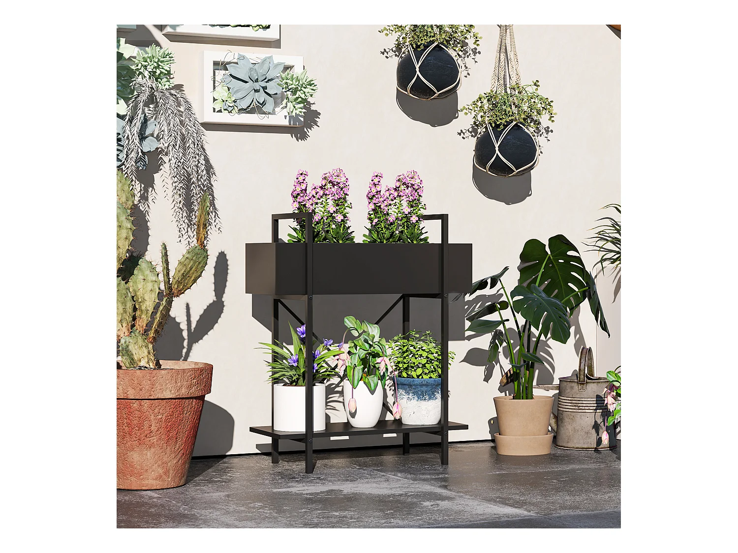 Étagère à plantes à 2 niveaux, métal, design moderne, noir (60x25x70 cm)