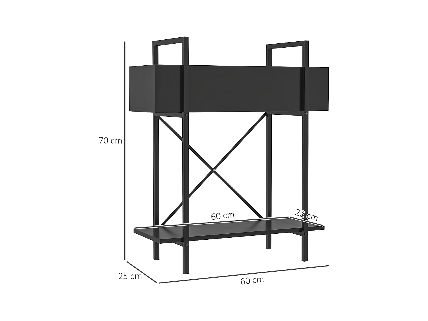 Étagère à plantes à 2 niveaux, métal, design moderne, noir (60x25x70 cm)