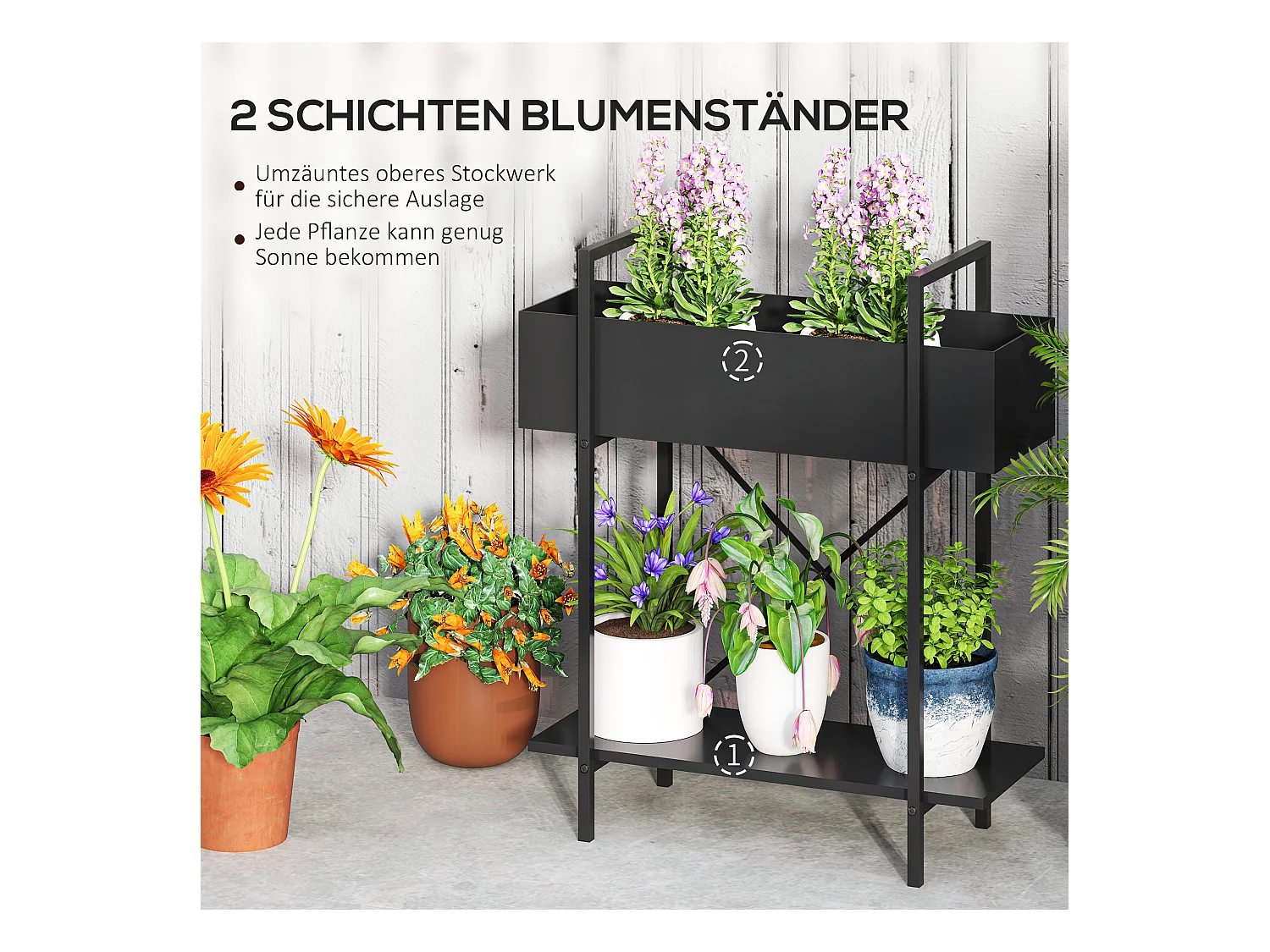 Étagère à plantes à 2 niveaux, métal, design moderne, noir (60x25x70 cm)