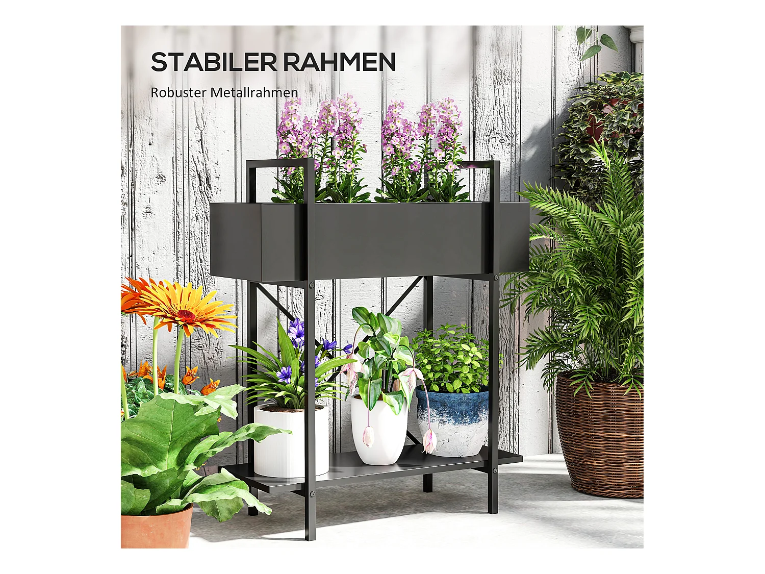 Étagère à plantes à 2 niveaux, métal, design moderne, noir (60x25x70 cm)