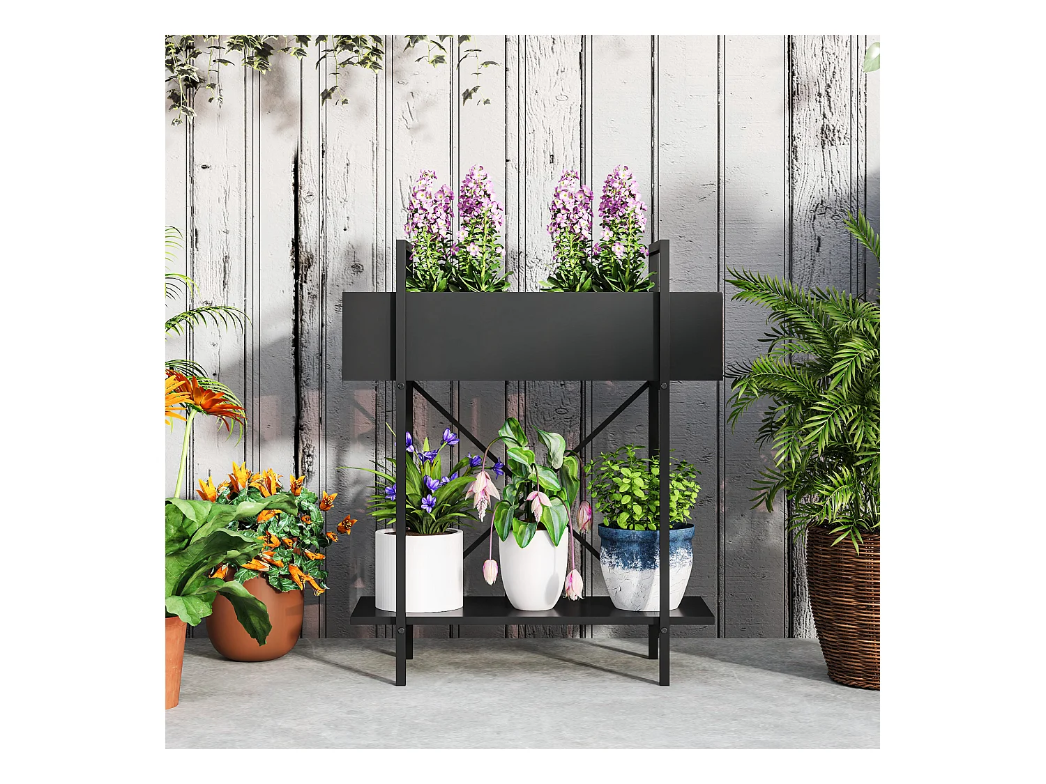 Étagère à plantes à 2 niveaux, métal, design moderne, noir (60x25x70 cm)