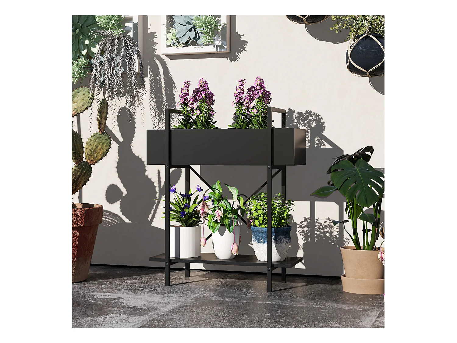 Étagère à plantes à 2 niveaux, métal, design moderne, noir (60x25x70 cm)