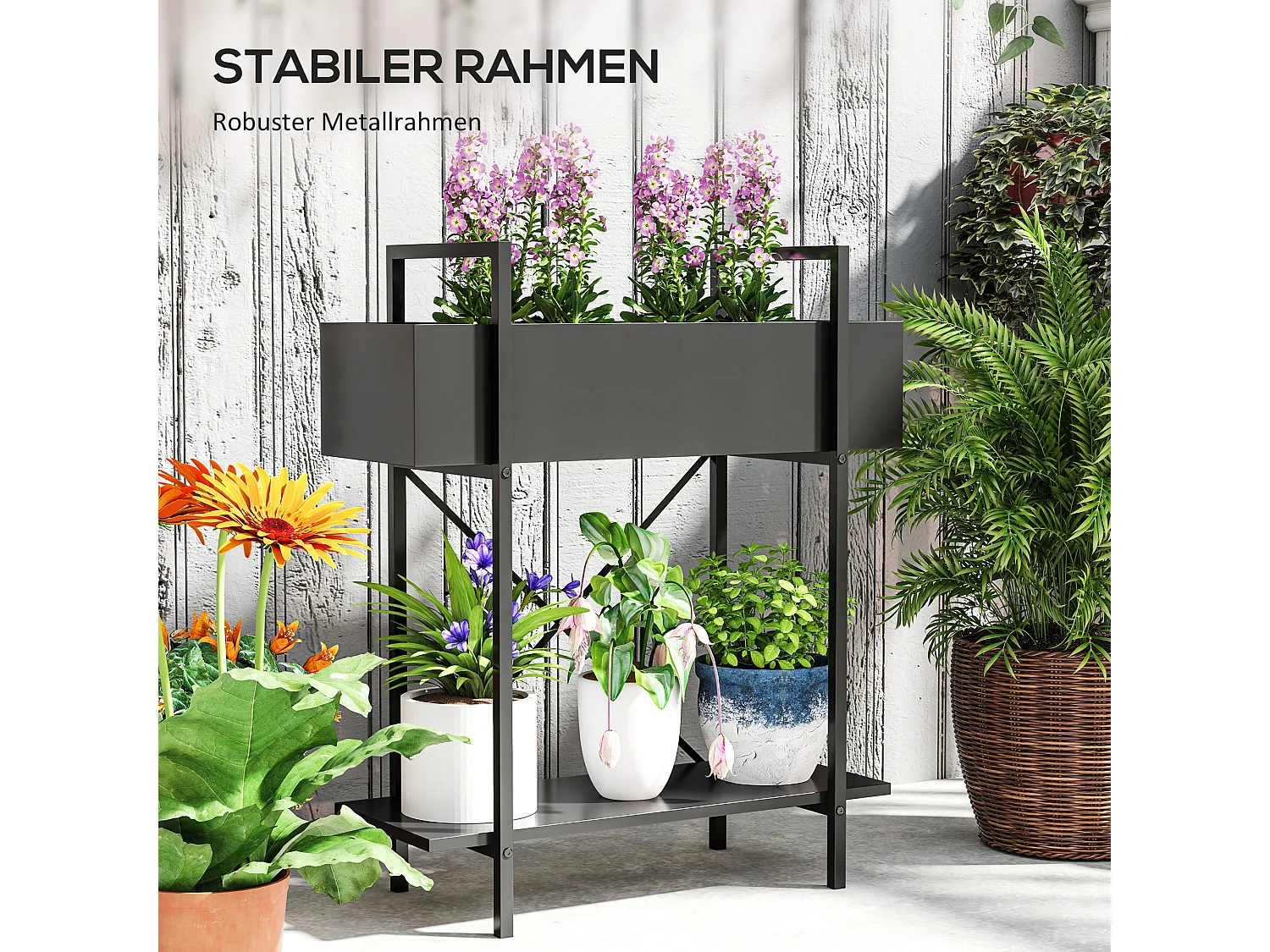 Étagère à plantes à 2 niveaux, métal, design moderne, noir (60x25x70 cm)