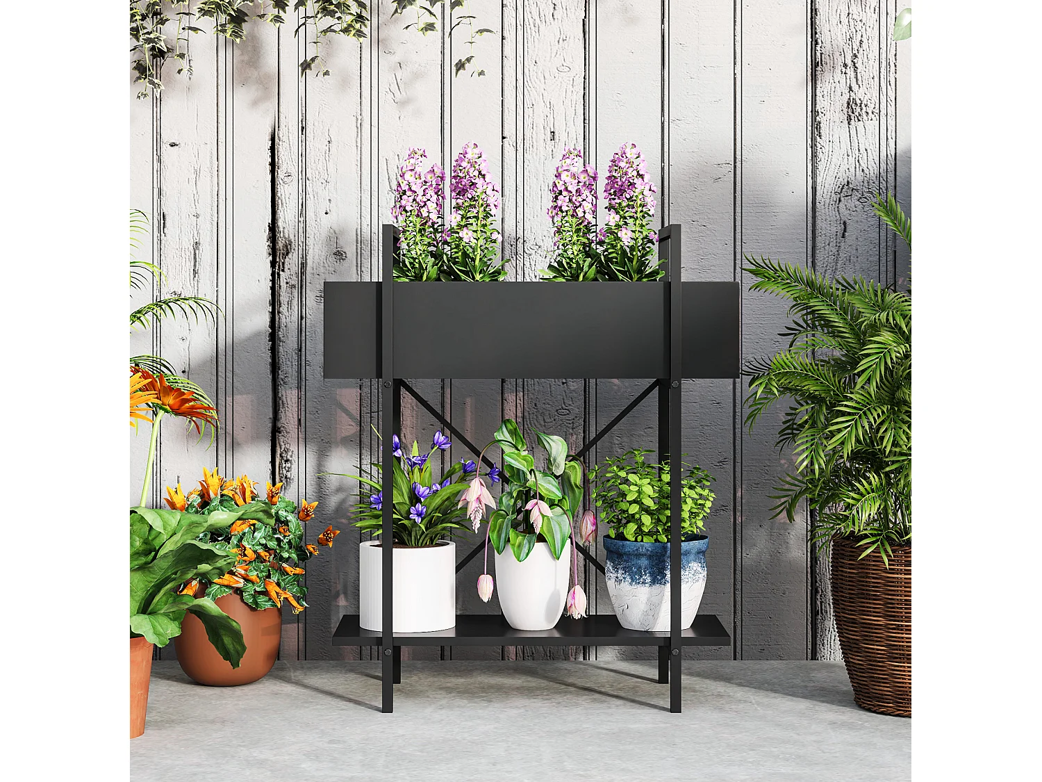 Étagère à plantes à 2 niveaux, métal, design moderne, noir (60x25x70 cm)