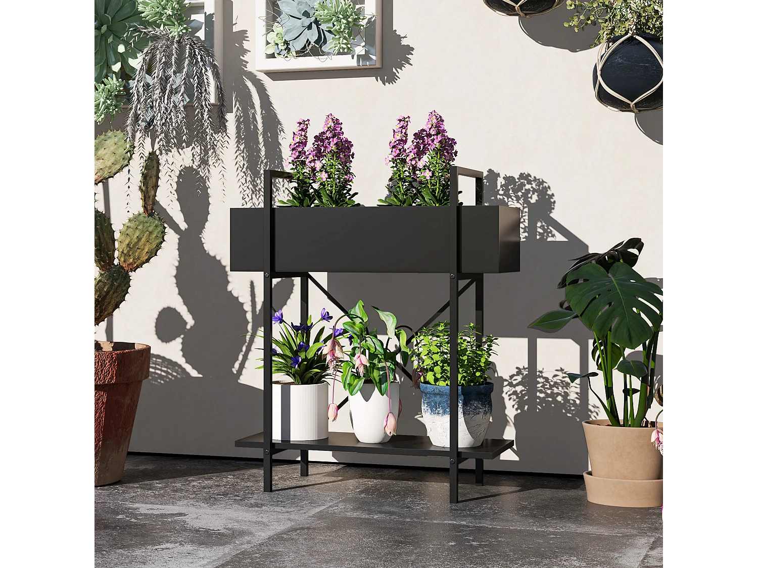 Étagère à plantes à 2 niveaux, métal, design moderne, noir (60x25x70 cm)