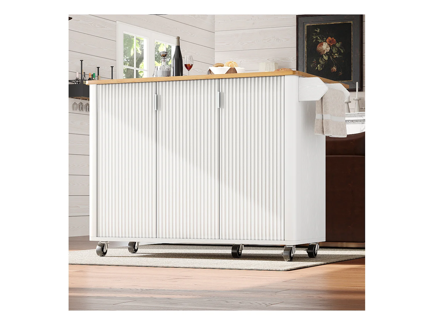 Îlot de cuisine, chariot de cuisine avec finition bois, meuble à roulettes avec porte-serviettes et étagères réglables (130x45(75)x92 cm)