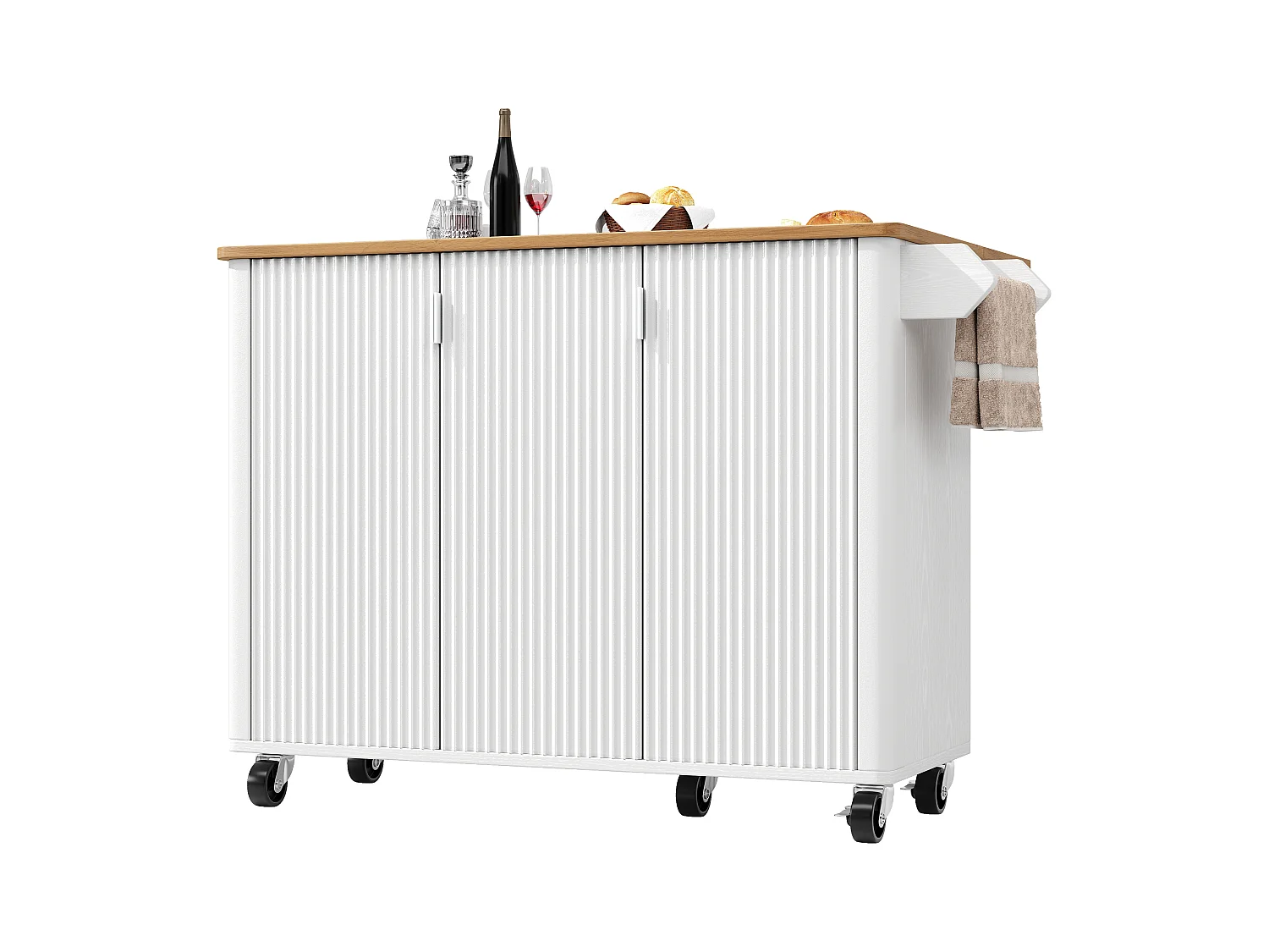 Îlot de cuisine, chariot de cuisine avec finition bois, meuble à roulettes avec porte-serviettes et étagères réglables (130x45(75)x92 cm)