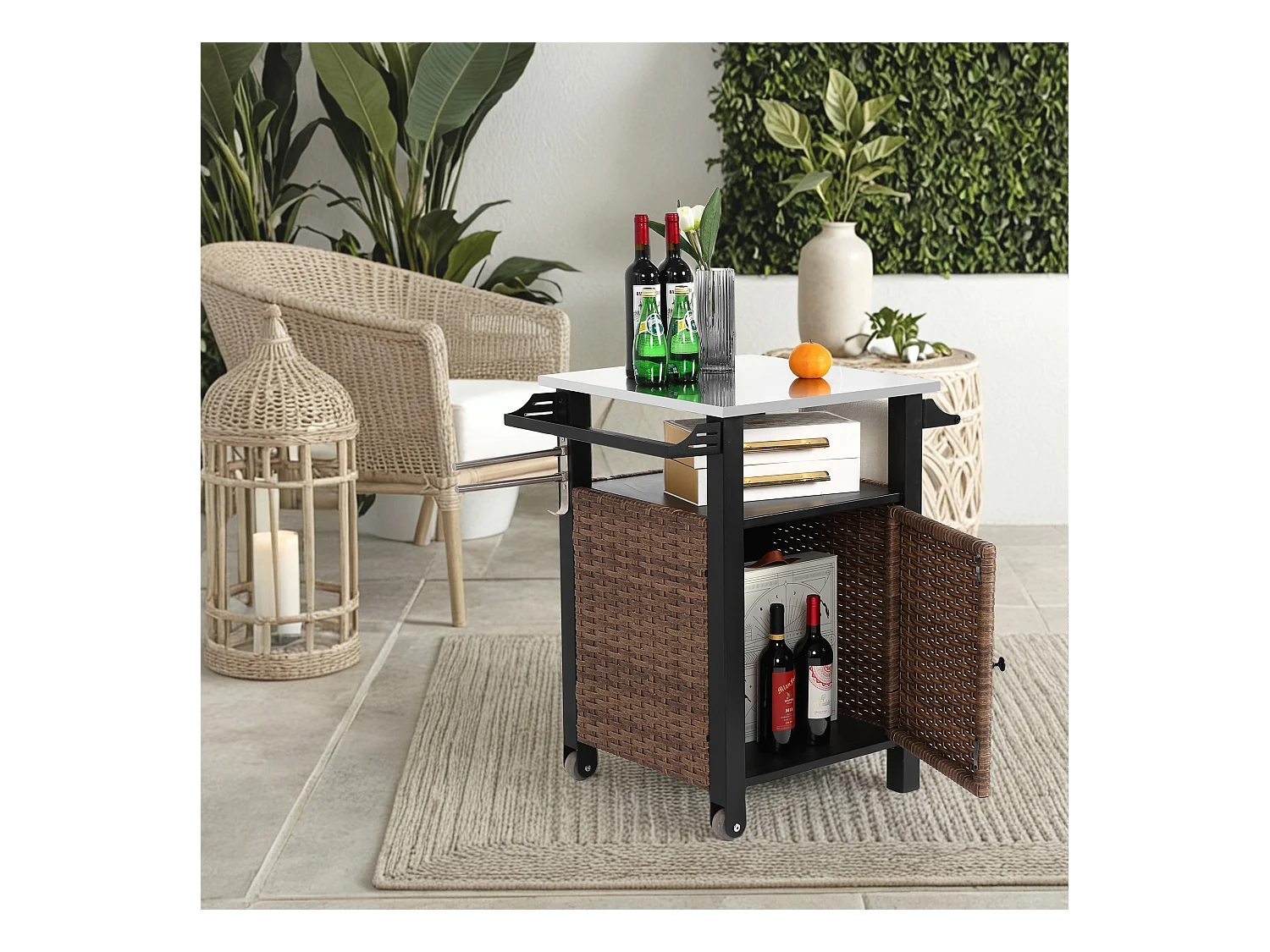 Barwagen met enkele deur, buitenkeuken van rotan, uitschuifbare tafel van roestvrij staal, met wielen en zijhandgreep (76x56x85 cm)