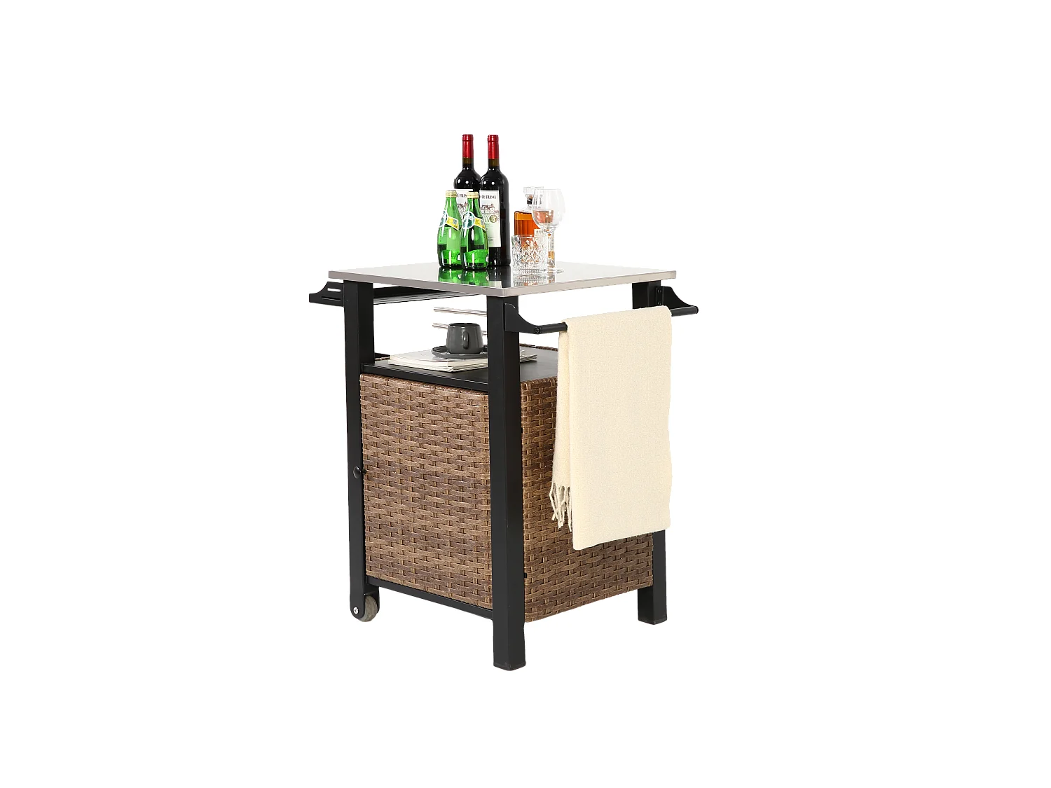 Barwagen met enkele deur, buitenkeuken van rotan, uitschuifbare tafel van roestvrij staal, met wielen en zijhandgreep (76x56x85 cm)