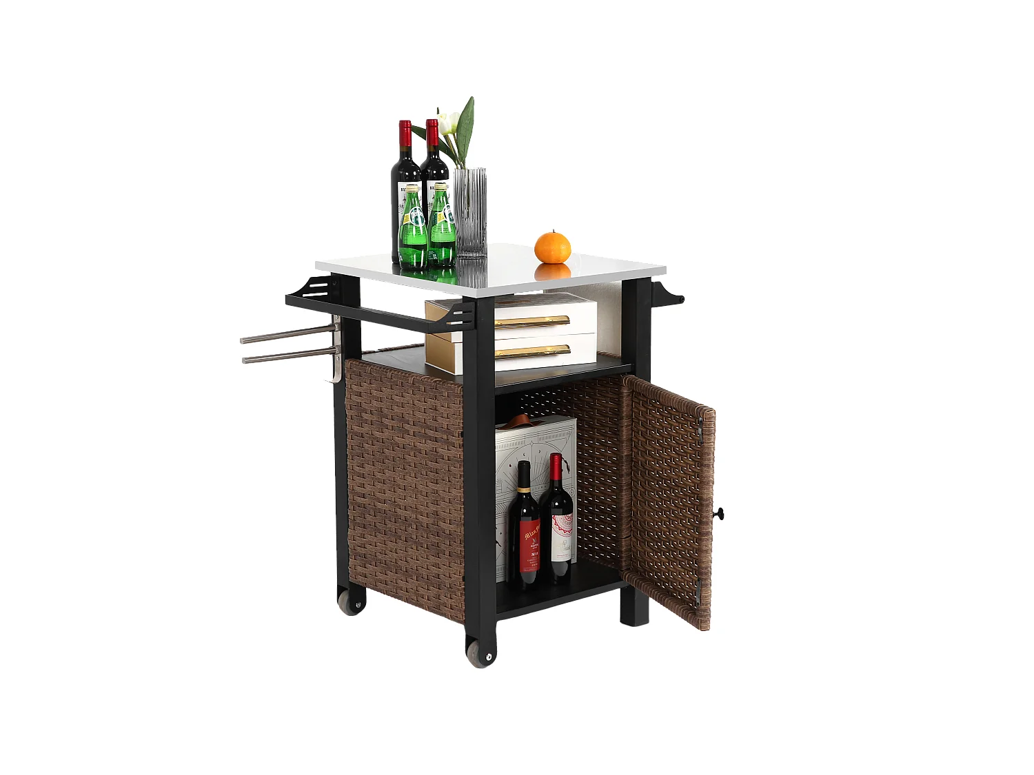 Barwagen met enkele deur, buitenkeuken van rotan, uitschuifbare tafel van roestvrij staal, met wielen en zijhandgreep (76x56x85 cm)