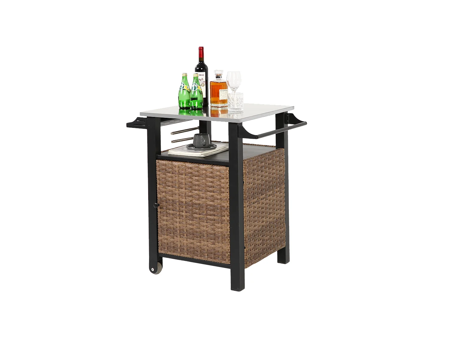 Barwagen met enkele deur, buitenkeuken van rotan, uitschuifbare tafel van roestvrij staal, met wielen en zijhandgreep (76x56x85 cm)