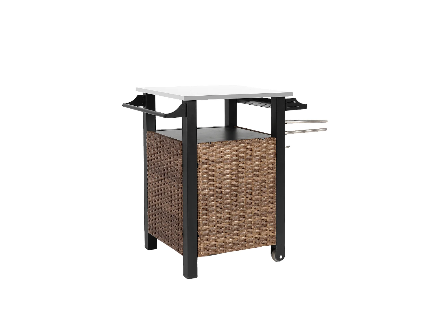 Barwagen met enkele deur, buitenkeuken van rotan, uitschuifbare tafel van roestvrij staal, met wielen en zijhandgreep (76x56x85 cm)