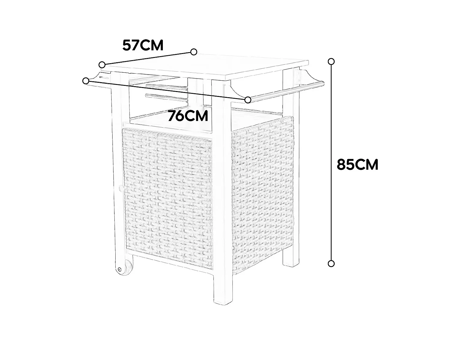 Barwagen met enkele deur, buitenkeuken van rotan, uitschuifbare tafel van roestvrij staal, met wielen en zijhandgreep (76x56x85 cm)