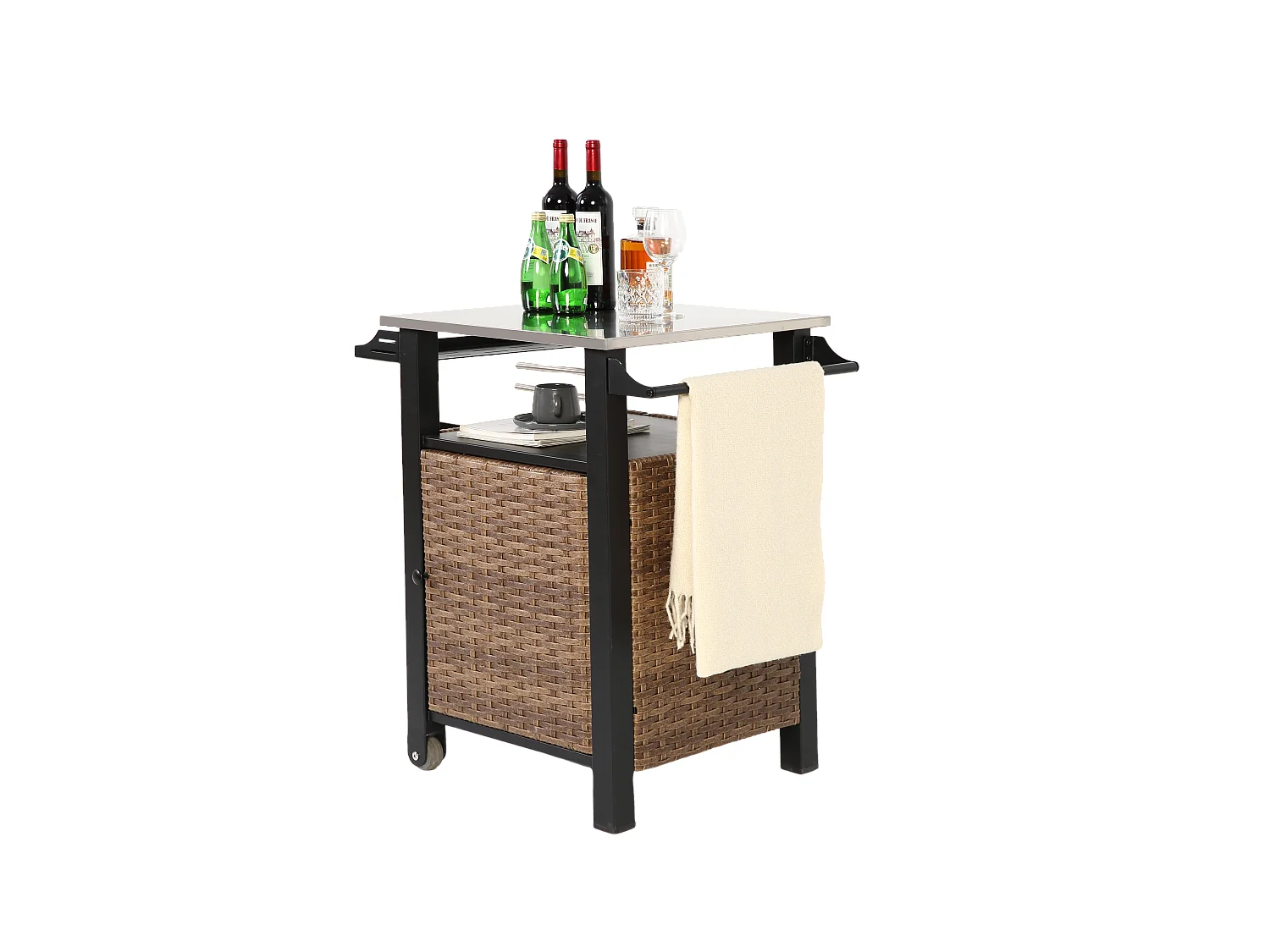 Chariot bar avec porte unique, îlot de cuisine extérieur en rotin, table extensible en acier inoxydable, avec roues et poignée latérale  (76x56x85 cm)
