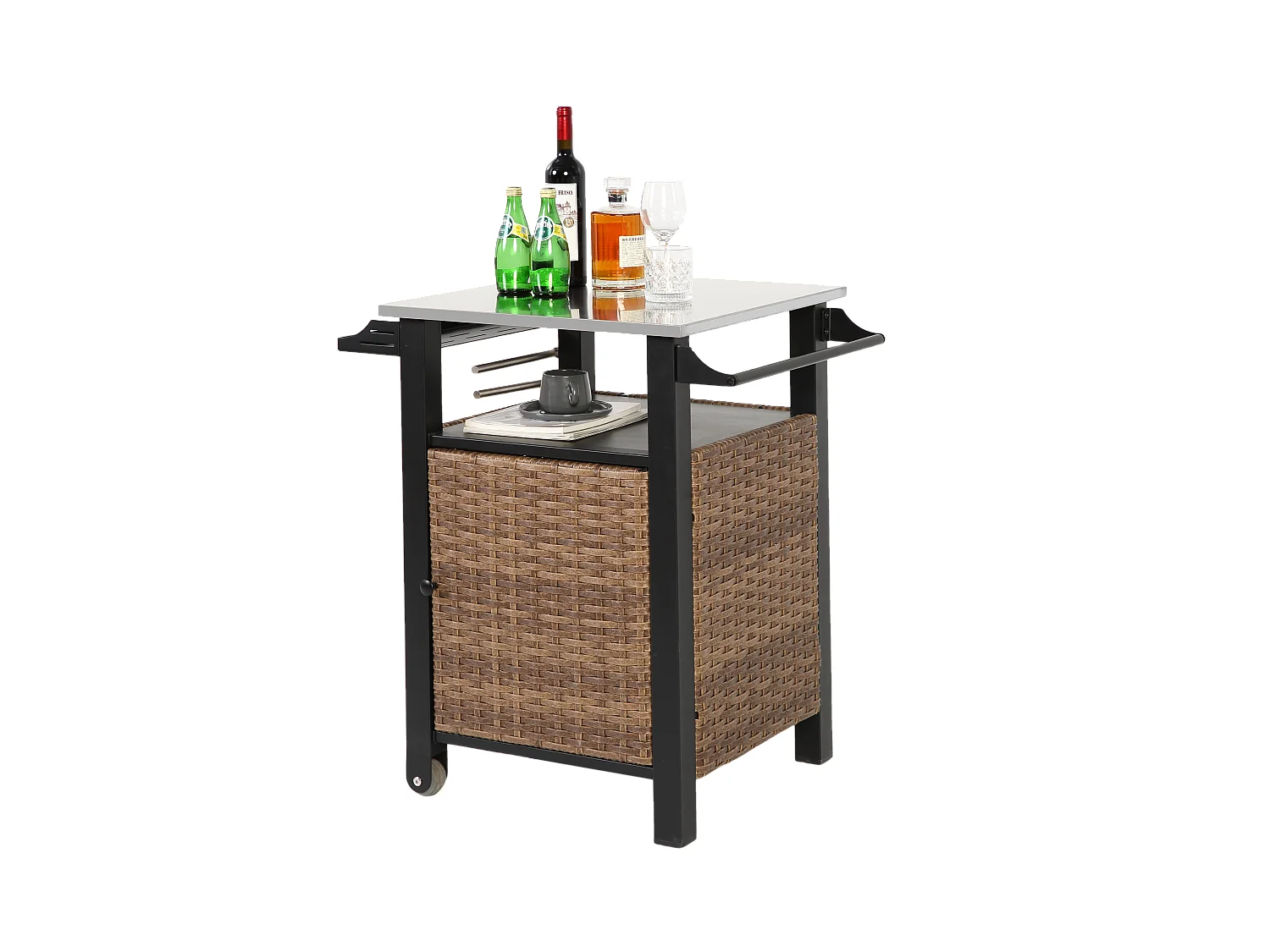 Chariot bar avec porte unique, îlot de cuisine extérieur en rotin, table extensible en acier inoxydable, avec roues et poignée latérale  (76x56x85 cm)