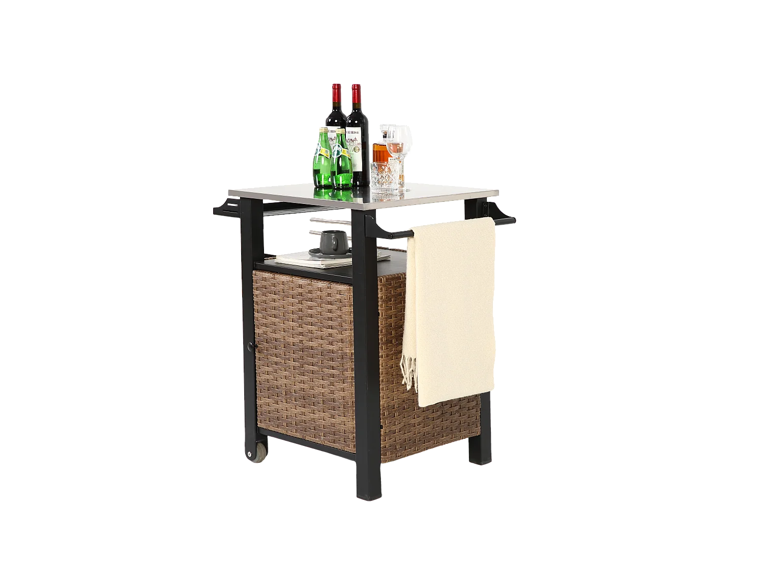 Chariot bar avec porte unique, îlot de cuisine extérieur en rotin, table extensible en acier inoxydable, avec roues et poignée latérale  (76x56x85 cm)