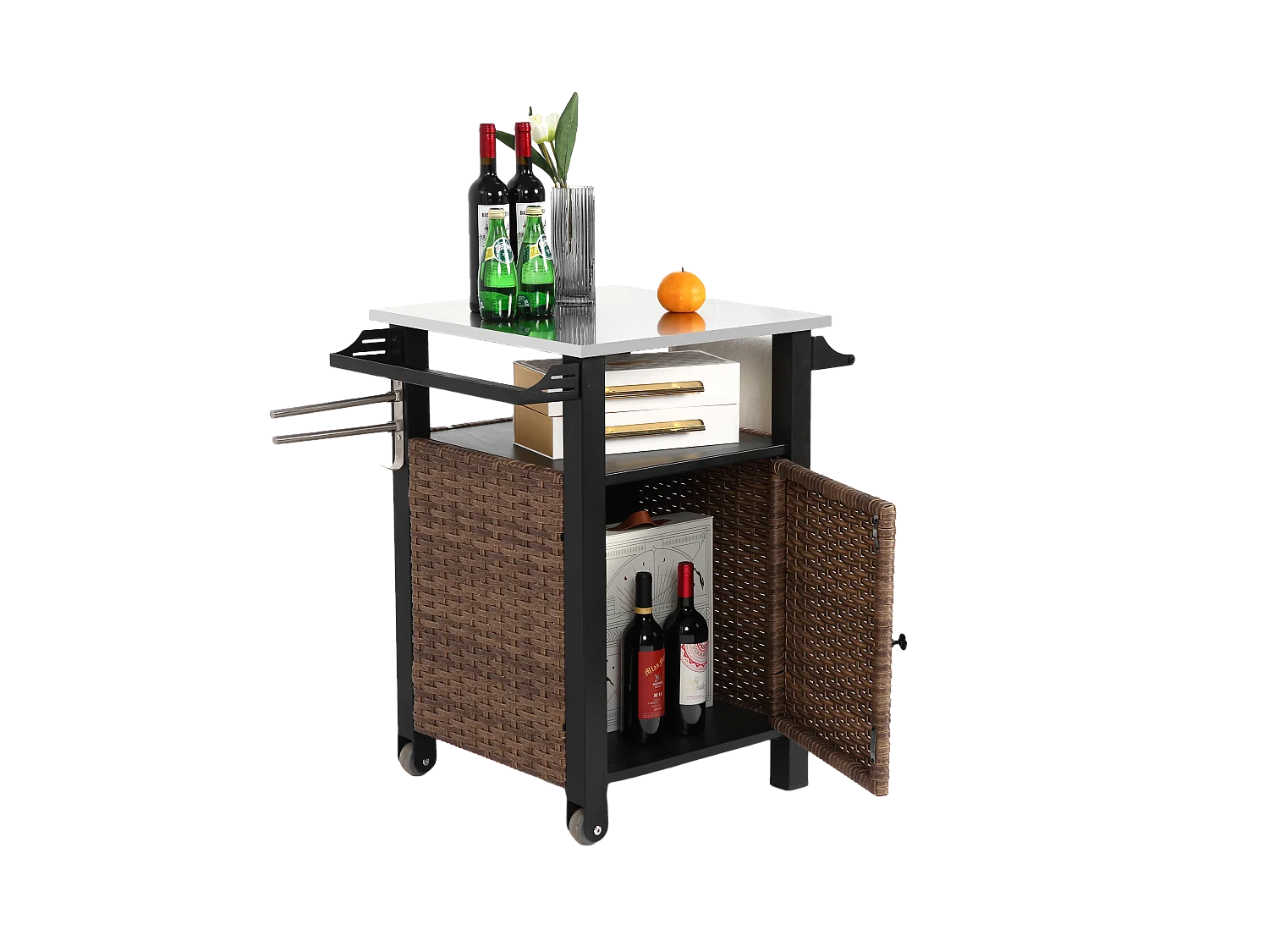 Chariot bar avec porte unique, îlot de cuisine extérieur en rotin, table extensible en acier inoxydable, avec roues et poignée latérale  (76x56x85 cm)