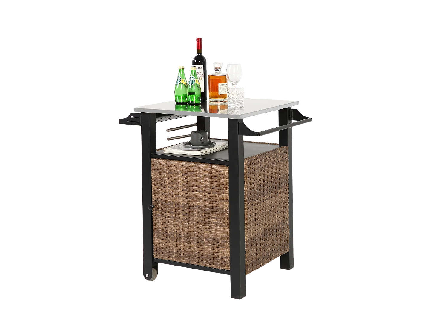 Chariot bar avec porte unique, îlot de cuisine extérieur en rotin, table extensible en acier inoxydable, avec roues et poignée latérale  (76x56x85 cm)