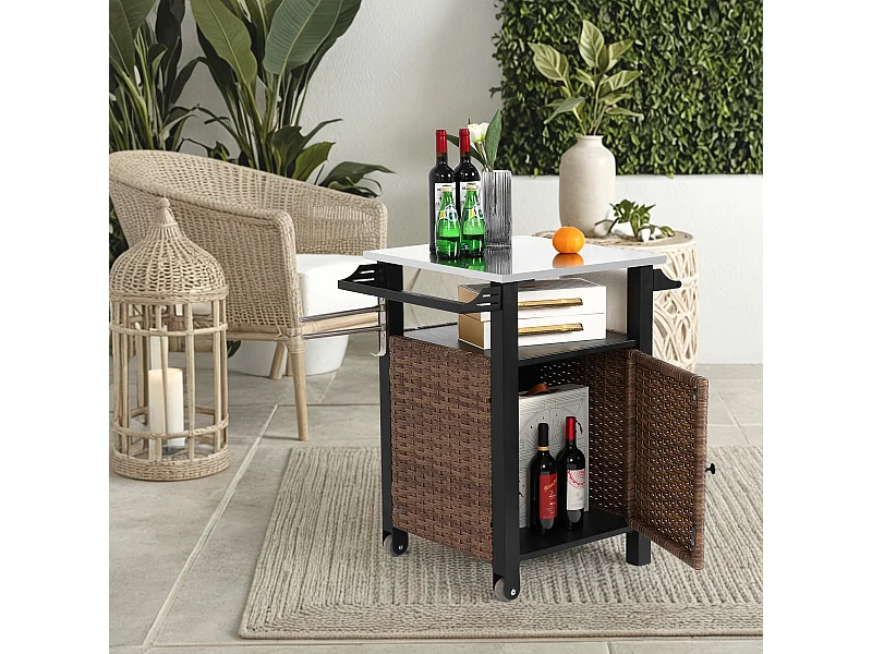Chariot bar avec porte unique, îlot de cuisine extérieur en rotin, table extensible en acier inoxydable, avec roues et poignée latérale  (76x56x85 cm)