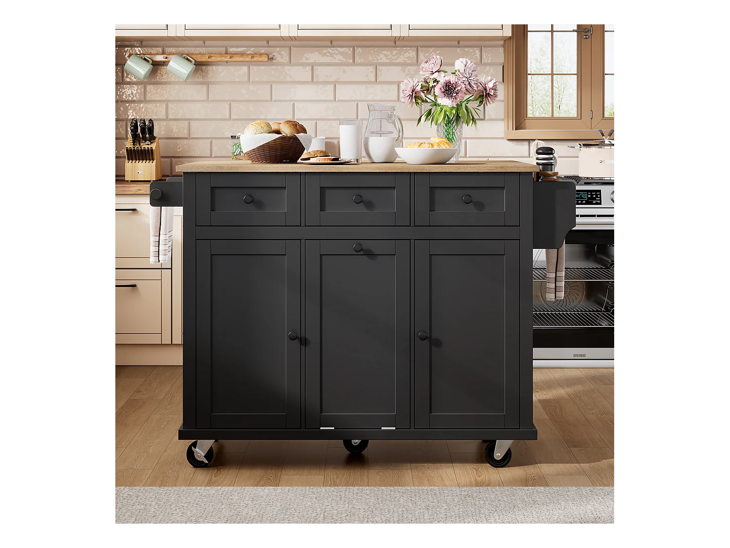 Îlot de cuisine avec roulettes, espace repas extensible, avec poubelle et tiroirs, mobile, idéal pour cuisine et salle à manger (126x46.8x94.2 cm)