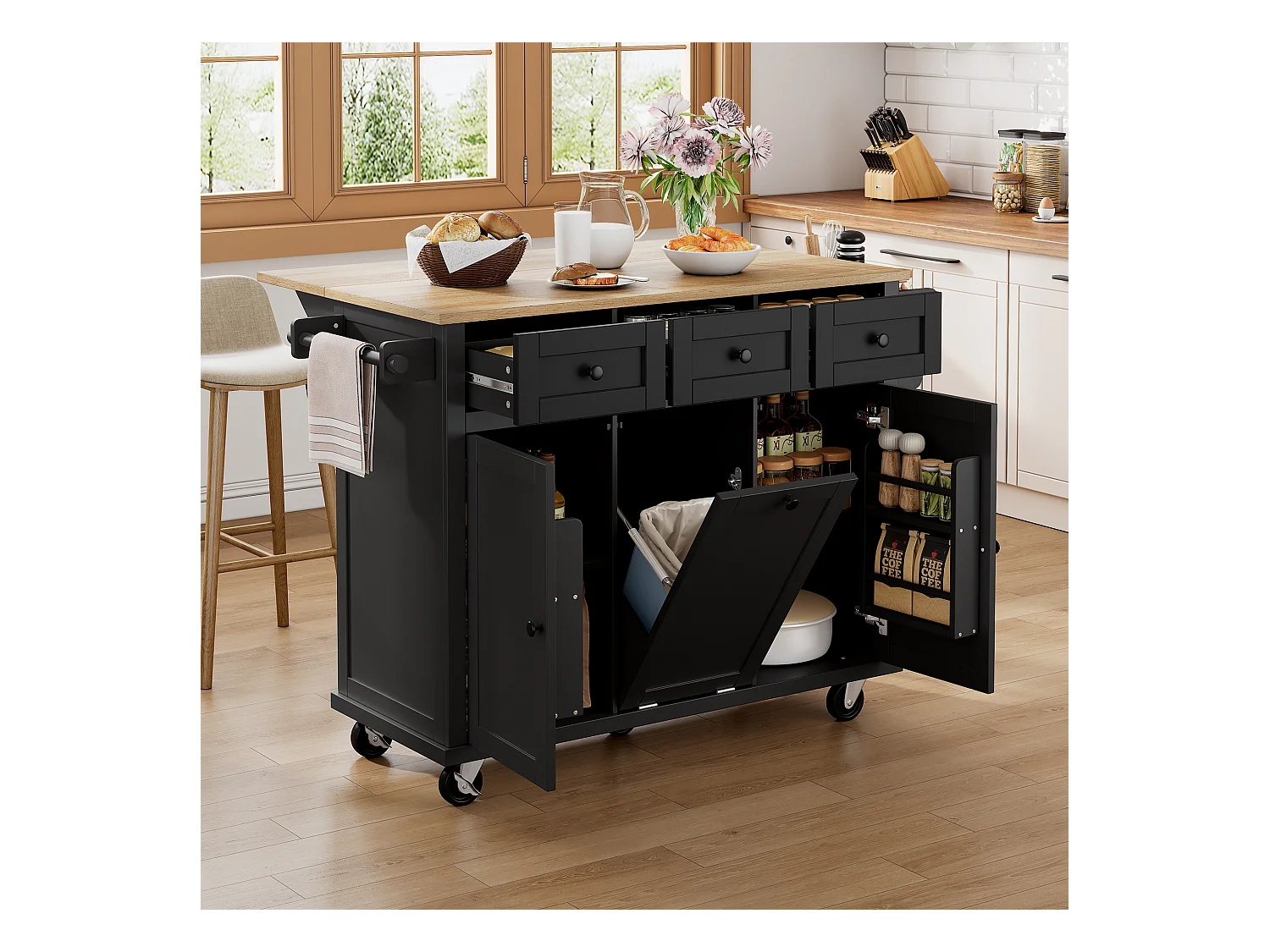 Îlot de cuisine avec roulettes, espace repas extensible, avec poubelle et tiroirs, mobile, idéal pour cuisine et salle à manger (126x46.8x94.2 cm)