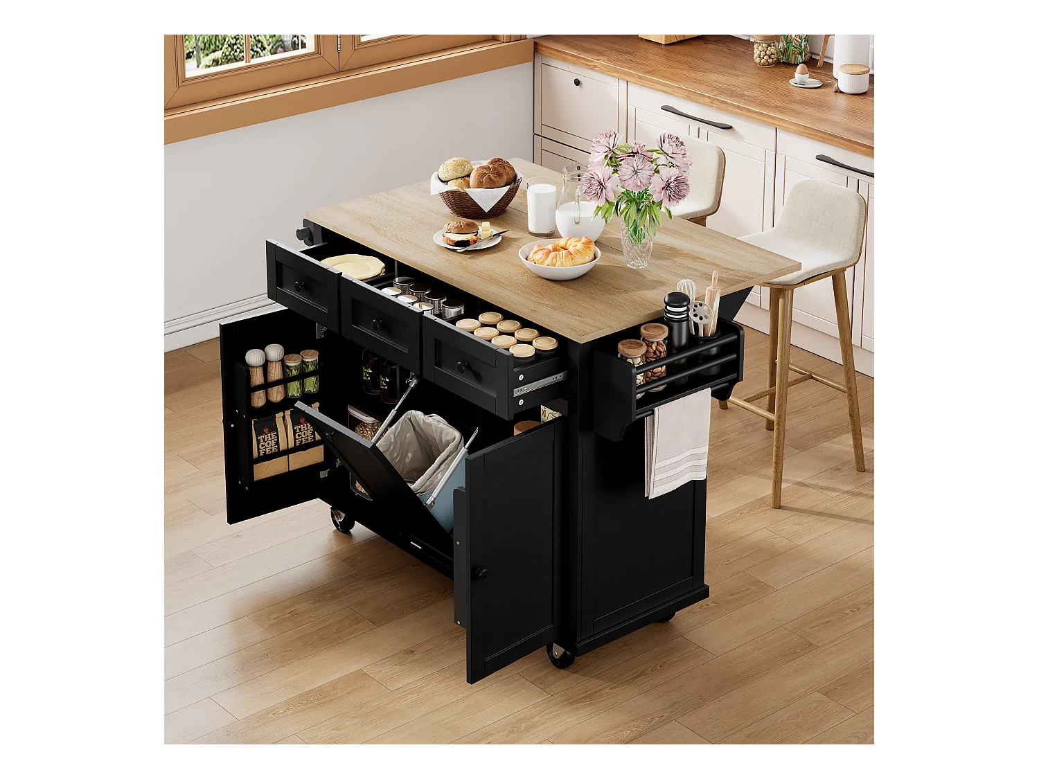 Îlot de cuisine avec roulettes, espace repas extensible, avec poubelle et tiroirs, mobile, idéal pour cuisine et salle à manger (126x46.8x94.2 cm)