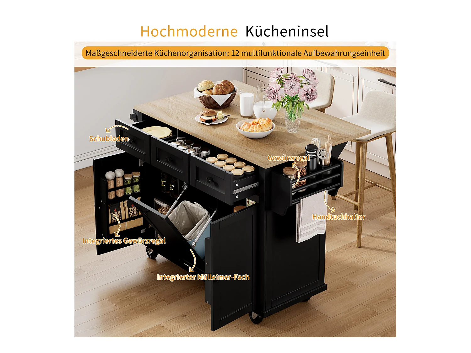 Îlot de cuisine avec roulettes, espace repas extensible, avec poubelle et tiroirs, mobile, idéal pour cuisine et salle à manger (126x46.8x94.2 cm)