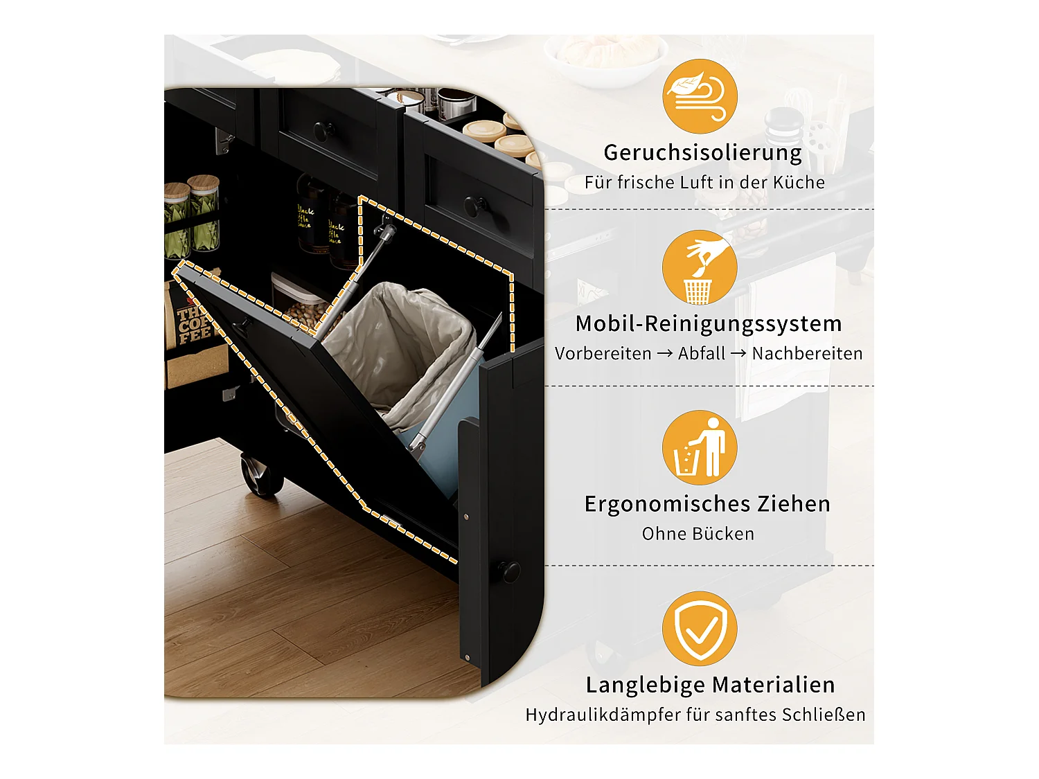 Îlot de cuisine avec roulettes, espace repas extensible, avec poubelle et tiroirs, mobile, idéal pour cuisine et salle à manger (126x46.8x94.2 cm)