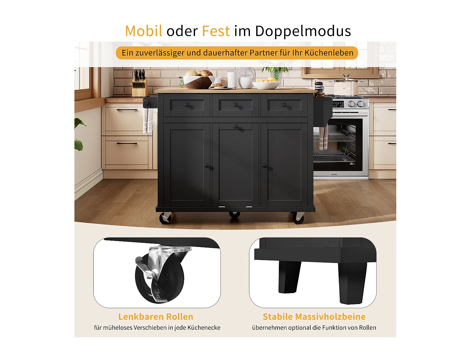 Îlot de cuisine avec roulettes, espace repas extensible, avec poubelle et tiroirs, mobile, idéal pour cuisine et salle à manger (126x46.8x94.2 cm)