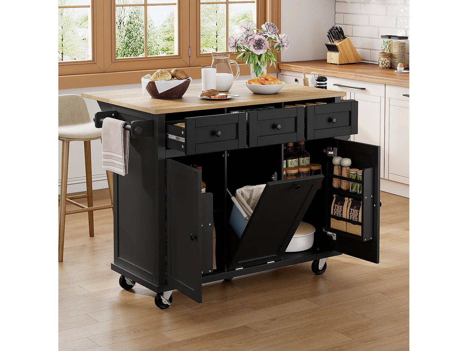 Isla de cocina con ruedas, zona de comedor extensible, con papelera y cajones, móvil, ideal para cocina y comedor (126x46,8x94,2 cm)