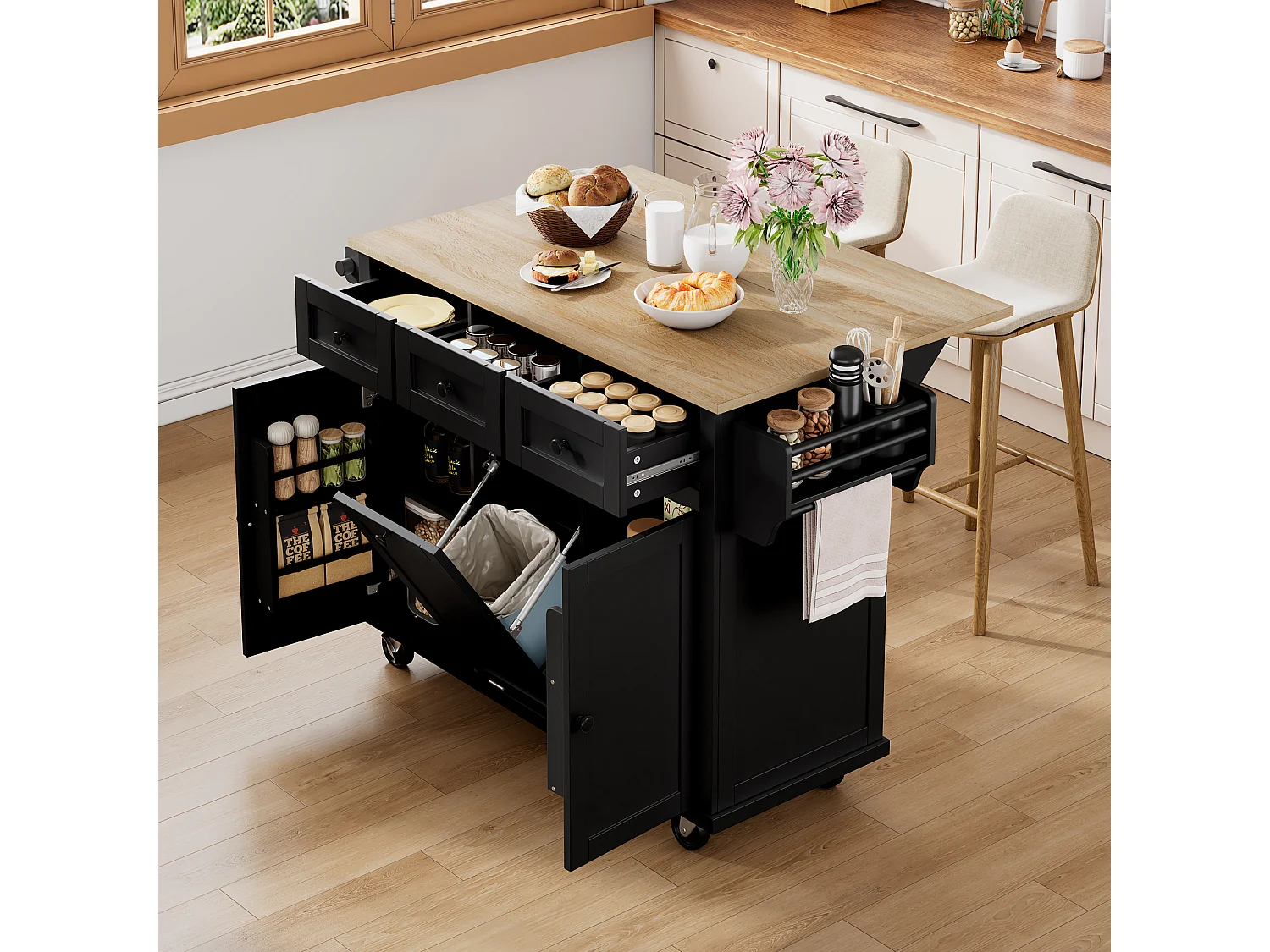 Isla de cocina con ruedas, zona de comedor extensible, con papelera y cajones, móvil, ideal para cocina y comedor (126x46,8x94,2 cm)