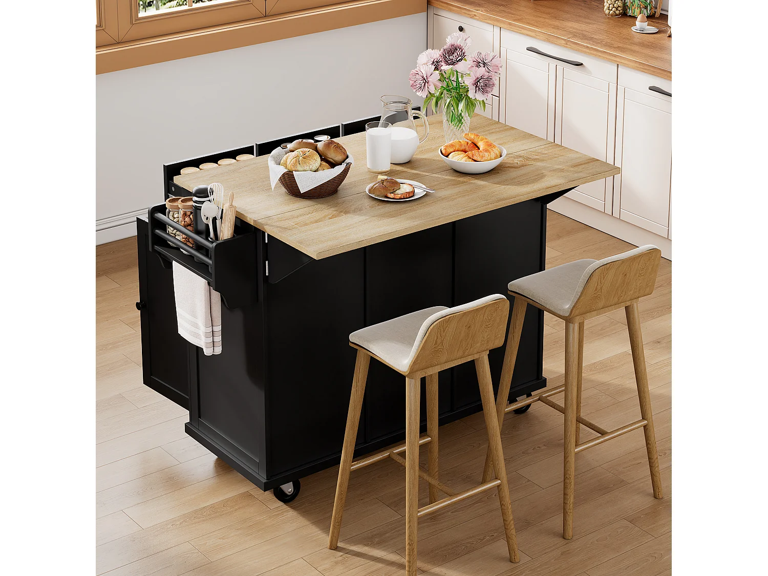 Isla de cocina con ruedas, zona de comedor extensible, con papelera y cajones, móvil, ideal para cocina y comedor (126x46,8x94,2 cm)