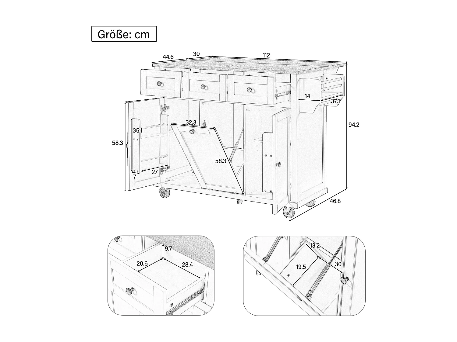 Isla de cocina con ruedas, zona de comedor extensible, con papelera y cajones, móvil, ideal para cocina y comedor (126x46,8x94,2 cm)