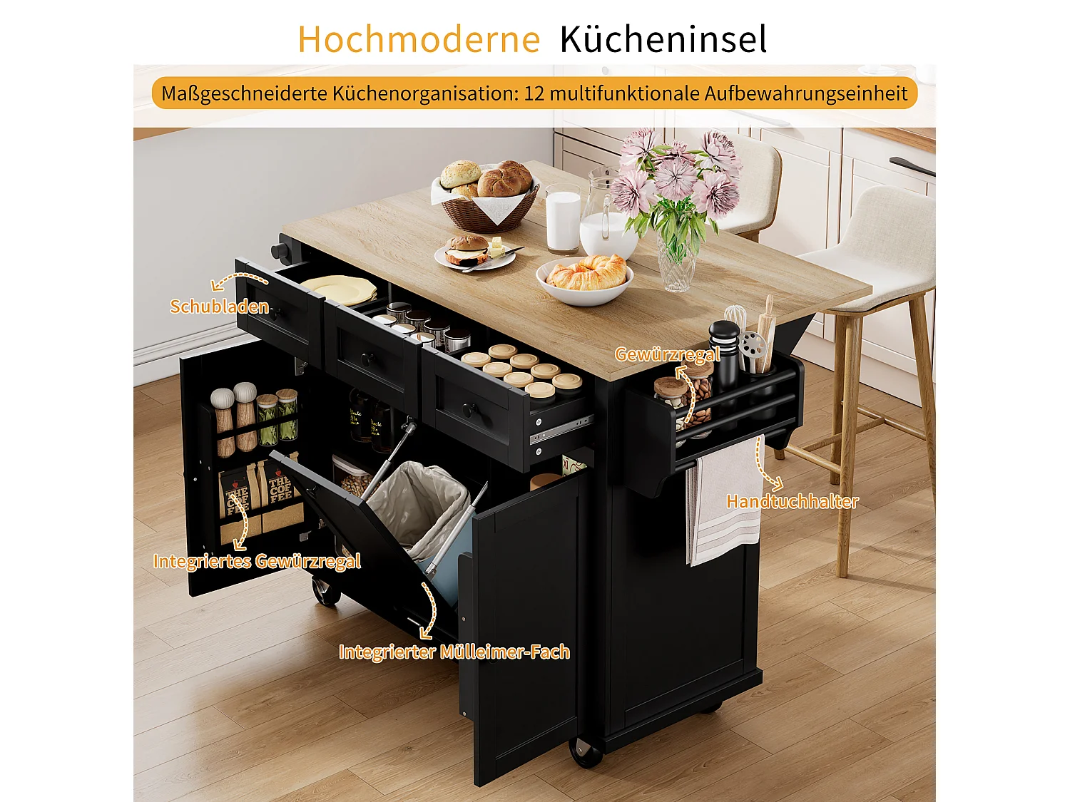 Isla de cocina con ruedas, zona de comedor extensible, con papelera y cajones, móvil, ideal para cocina y comedor (126x46,8x94,2 cm)