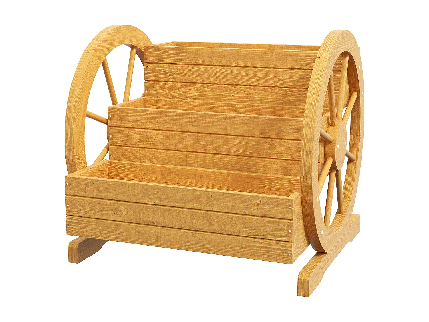 3-laags plantenbak met decoratieve wielen, behandeld hout, waterbestendig, natuurlijk (61x62x57 cm)