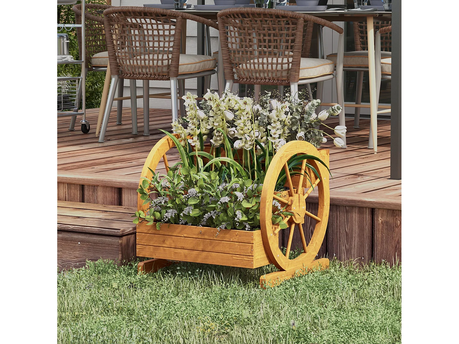 3-laags plantenbak met decoratieve wielen, behandeld hout, waterbestendig, natuurlijk (61x62x57 cm)