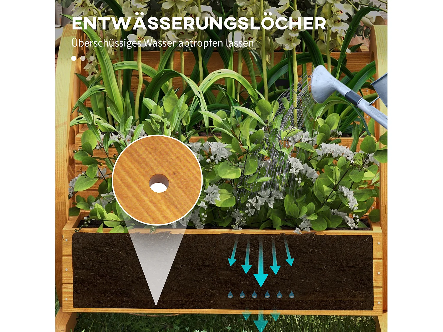 3-laags plantenbak met decoratieve wielen, behandeld hout, waterbestendig, natuurlijk (61x62x57 cm)